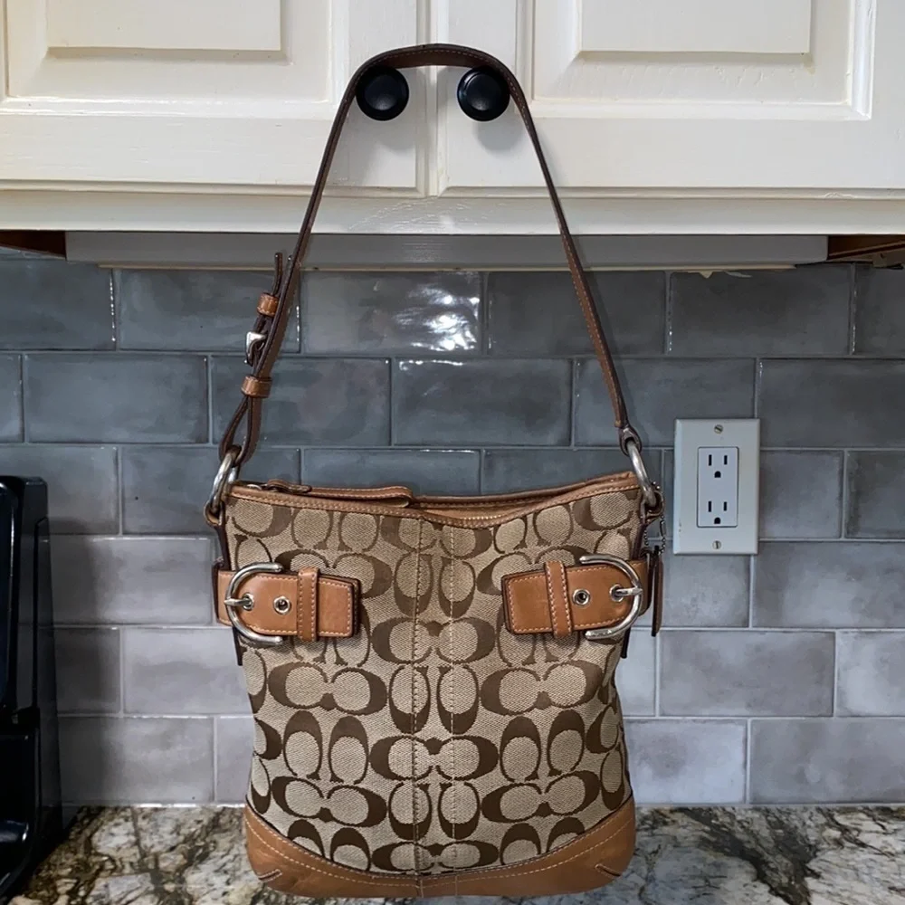 Coach  W Signature Logo W/Leather Trim Bag